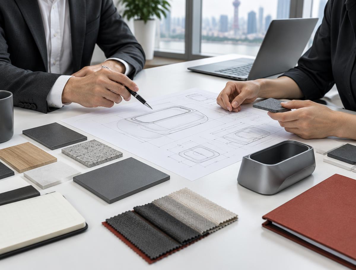 Product drawings and material samples discussed across a worktable