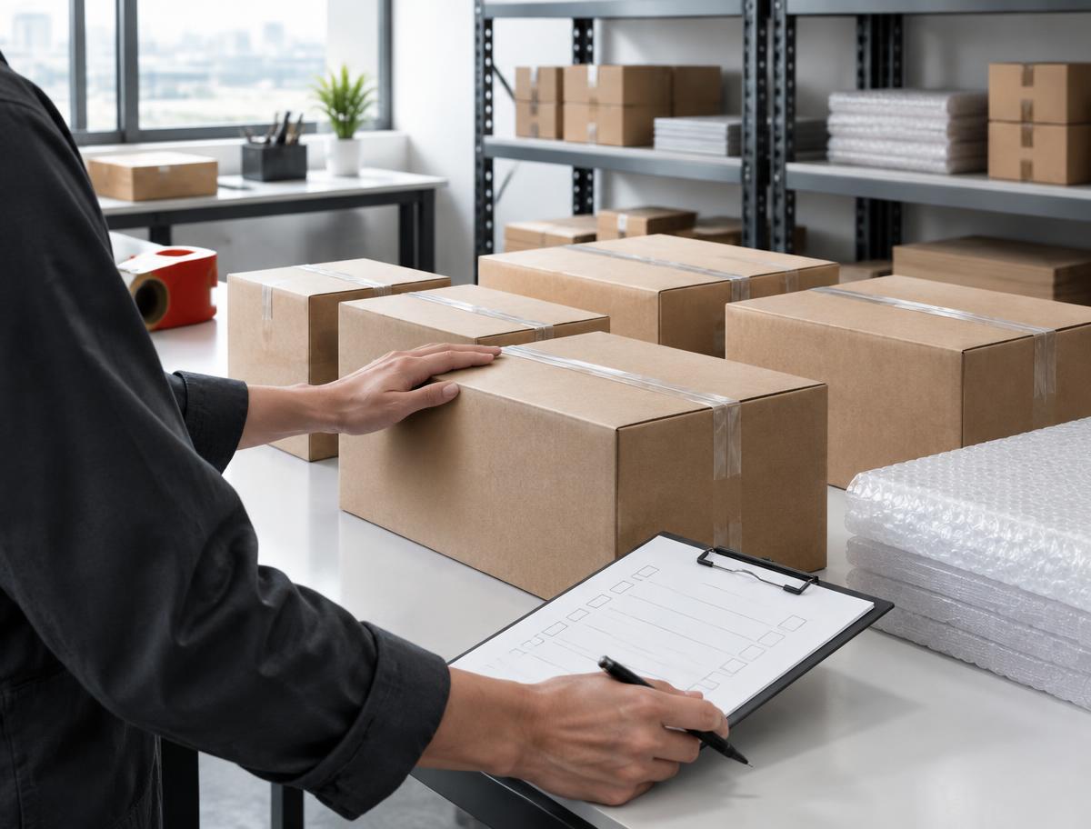 Unbranded cartons and protective packaging checked in an orderly workspace